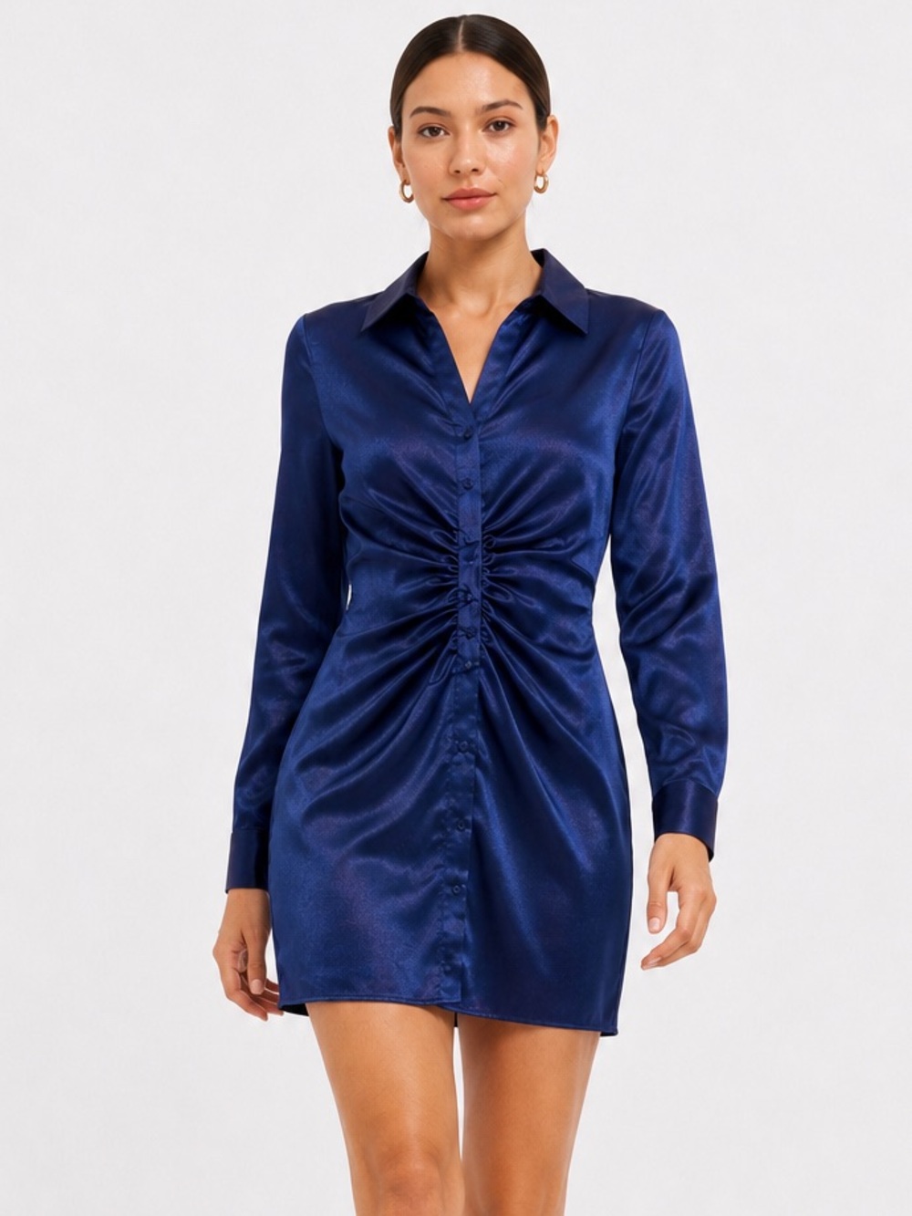 Anthropologie Endless Rose Ruched Satin Shirt Dress NWT Large Blue Bodycon Mini